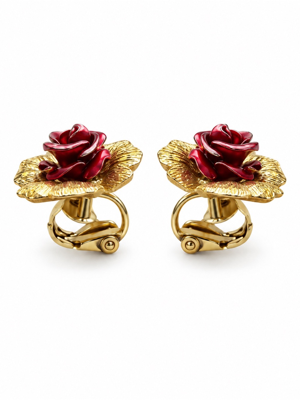 Vintage Gold and Red Rose Clip-On Earrings